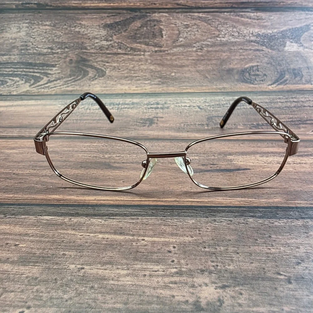 Linda Evans 330 Brown Metal Rectangular Eyeglasses Filigree Cutout Temples 135mm